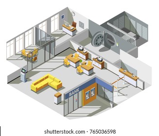 Bank offices space interior isometric view with customer assistants desks cash machine and waiting area vector illustration 