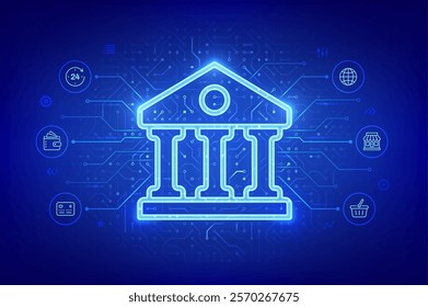 Bank. Online banking service application. Money transaction, e-commerce. Finance and banking global internet connection. Financial transaction. API Fintech. Circuit board pattern. Vector illustration.