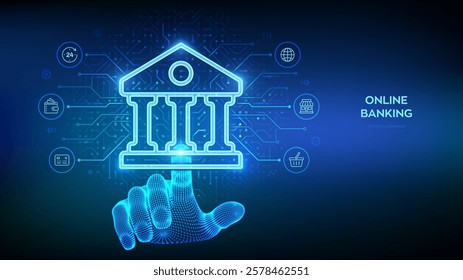 Bank. Online banking service application. Money transaction, e-commerce. Finance and banking global internet connection. Financial transaction. API Fintech. Hand touching digital interface. Vector.