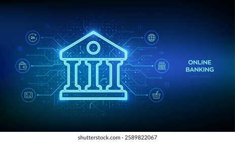 Bank. Online banking service application. Money transaction, e-commerce. Finance and banking global internet connection. Financial transaction. API Fintech. Circuit board pattern. Vector illustration.