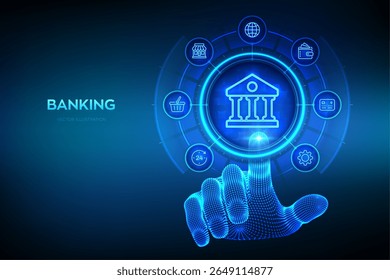 Bank. Online banking service application. Money transaction, e-commerce. Finance and banking global internet connection. Financial transaction. API Fintech. Hand touching digital interface. Vector.