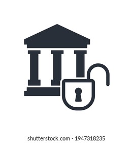 Bank and open lock. Access to financial transactions. Vector icon isolated on white background.