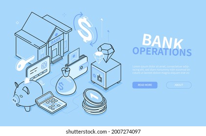 Bank operations - blue line design style isometric banner. Financial management, investments, budget header. Illustration with banknotes, dollar sign, piggy bank, coins, money bag, savings, economy