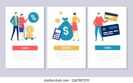 Operaciones bancarias - Banners web conceptuales de diseño plano con espacio de copia para texto. Tres encabezados verticales con caracteres masculinos y femeninos haciendo transacciones financieras. Préstamos, depósitos, conceptos de tarjetas