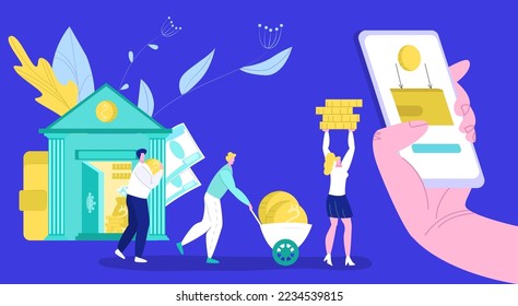 Bank operations with money flat vector illustration. Banking, cash deposit opening, currency exchange. Financial payment online.