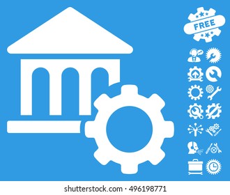 Bank Options icon with bonus tools graphic icons. Vector illustration style is flat iconic symbols, white color, blue background.
