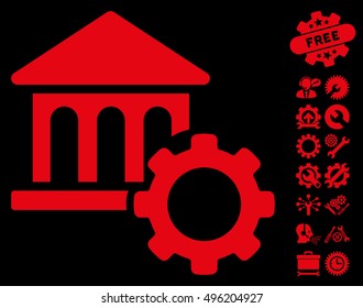 Bank Options icon with bonus tools pictures. Vector illustration style is flat iconic symbols, red color, black background.
