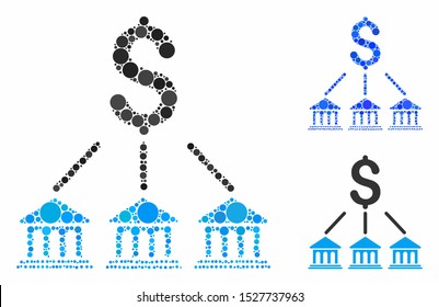 Bank organization mosaic of filled circles in variable sizes and color tinges, based on bank organization icon. Vector random circles are combined into blue mosaic.