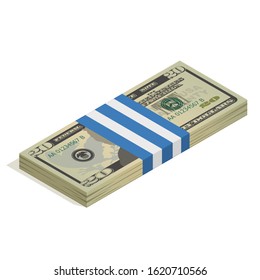 Bank packaging of twenty-dollar bills, bundle of US banknotes, pile of cash, paper money. The concept of financial success and wealth. Isometric vector illustration isolated on white background