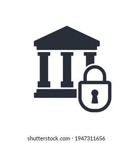 Bank and padlock. Blocked financial transactions. Vector icon isolated on white background.
