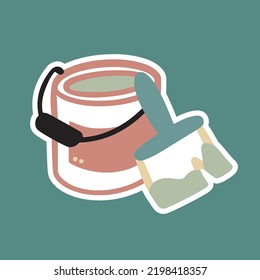 Bank with paint and brush. Vector doodle sticker in flat cartoon style. Repair, paint walls, interior renovation, decor.