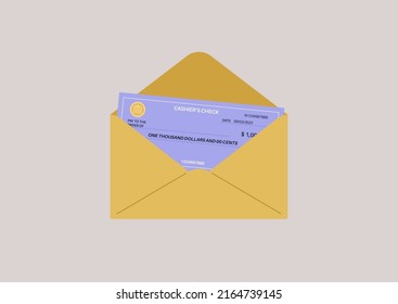 A Bank Paper Check In A Yellow Envelope, A Financial Tool