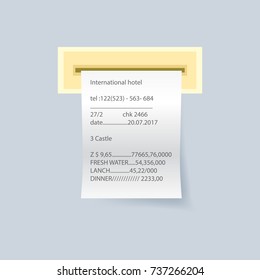 Bank paper print check vector element. Retail bill isolated object, realistic financial atm check, receipt records sale of goods or provision of service.