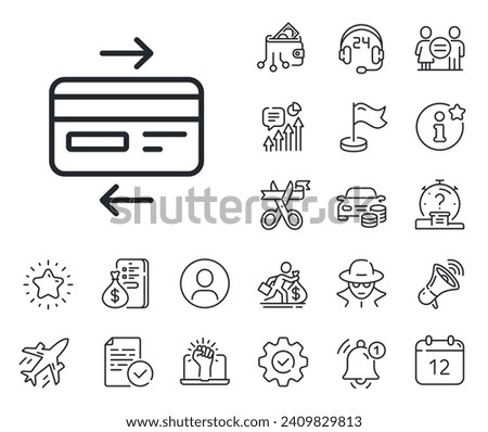 Bank payment method sign. Salaryman, gender equality and alert bell outline icons. Credit card line icon. Online Shopping symbol. Credit card line sign. Spy or profile placeholder icon. Vector