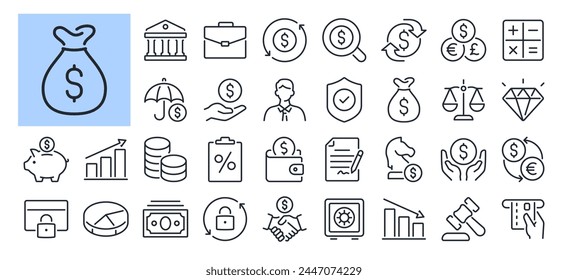 Bank, payment, money and finances editable stroke outline icons set isolated on white background flat vector illustration. Pixel perfect. 64 x 64.