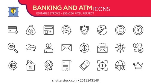 Banco, pagamento, dinheiro e finanças editáveis traçado contorno ícones conjunto isolado no fundo branco plana vetor ilustração. Pixel perfeito. 64 x 64.