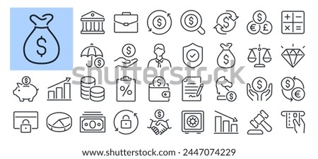 Bank, payment, money and finances editable stroke outline icons set isolated on white background flat vector illustration. Pixel perfect. 64 x 64.