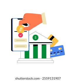 Bank Payment Process With Mobile App And Coins In Flat Vector Illustration Symbolizing Online Banking, Digital Transactions, And Financial Technology, Isolated On White Background.