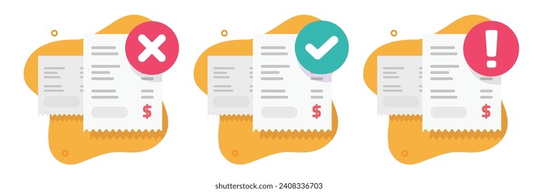 Bank payment receipt invoice success paid icon vector graphic illustration flat set, bill error fraud attention status check, order pay fail expire notice, rejected cancelled money transaction image