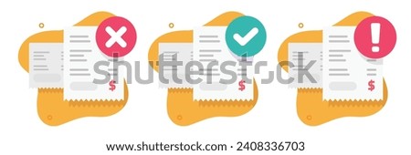 Bank payment receipt invoice success paid icon vector graphic illustration flat set, bill error fraud attention status check, order pay fail expire notice, rejected cancelled money transaction image