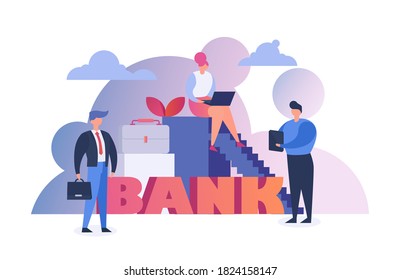 Bank people making money, finance and economy concept flat vector illustration. Banker businessman analysing financial money charts generated by big data. Banking, economy, investments.
