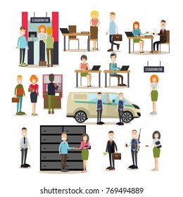 Bank people vector icon set with bank teller, managers, customer service representatives, armed collectors, security guard, customers waiting in line at cashbox and ATM. Flat style design elements.