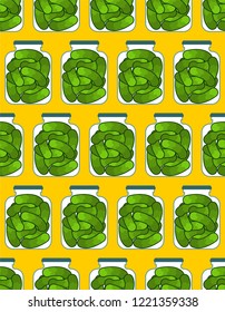 Bank pickled cucumbers pattern seamless. Preserved vegetables background. Vector illustration ornament