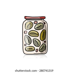 Bank of pickled olives, sketch for your design. Vector illustration