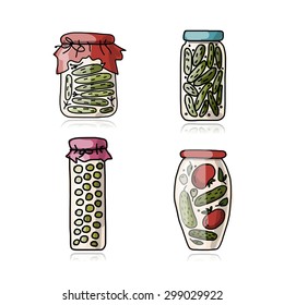 Bank of pickled vegetables, sketch for your design. Vector illustration