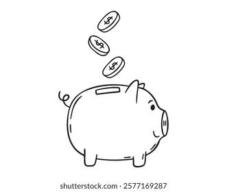 Bank piggy doodle hand drawn icon. Outline drawing coin piggy bank line clipart symbol. Vector illustration