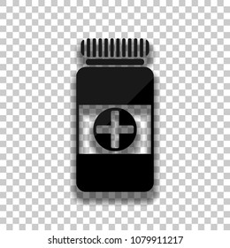 Bank of pills icon. Black glass icon with soft shadow on transparent background