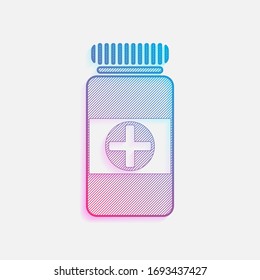 Bank of pills icon. Colored logo with diagonal lines and blue-red gradient. Neon graphic, light effect