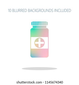 Bank of pills icon. Colorful logo concept with simple shadow on white. 10 different blurred backgrounds included