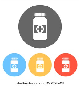 Bank of pills icon. Set of white icons on colored circles