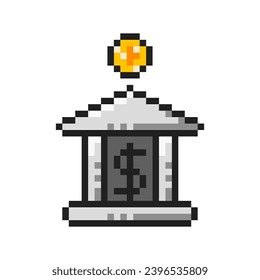 Bank pixel art icon, 8-bit sprite, banking building. Isolated vector illustration for pixel art games.