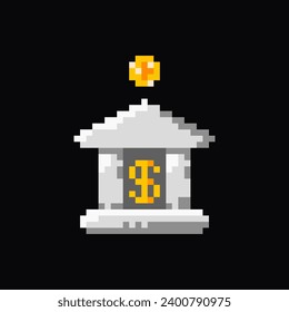 Bank pixel art icon, 8-bit sprite, banking building. Isolated vector illustration for pixel art games.