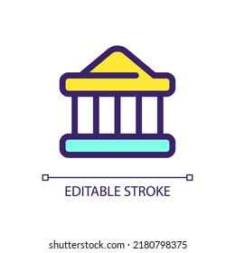 Bank pixel perfect RGB color ui icon. Government building. Courthouse. Simple filled line element. GUI, UX design for mobile app. Vector isolated pictogram. Editable stroke. Arial font used