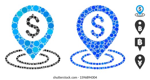 Bank place composition of small circles in various sizes and shades, based on bank place icon. Vector filled circles are united into blue composition.