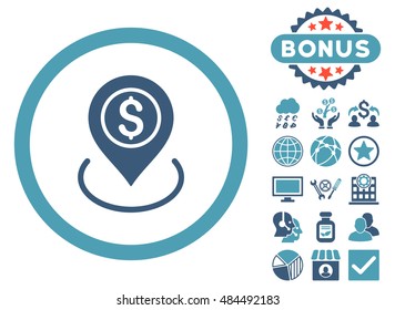 Bank Place icon with bonus images. Vector illustration style is flat iconic bicolor symbols, cyan and blue colors, white background.