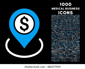 Bank Place vector bicolor icon with 1000 medical business icons. Set style is flat pictograms, blue and white colors, black background.