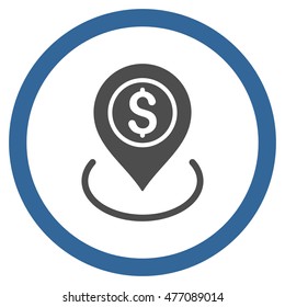 Bank Place vector bicolor rounded icon. Image style is a flat icon symbol inside a circle, cobalt and gray colors, white background.