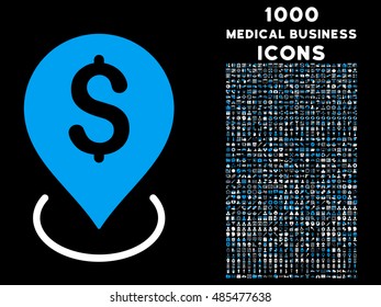 Bank Placement vector bicolor icon with 1000 medical business icons. Set style is flat pictograms, blue and white colors, black background.