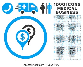 Bank Places icon with 1000 medical commerce gray and blue vector pictograms. Clipart style is flat bicolor symbols, white background.