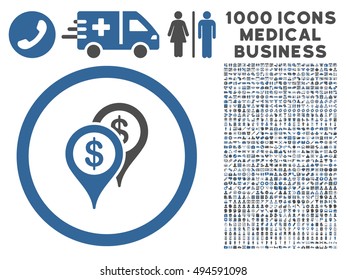 Bank Places icon with 1000 medical commercial cobalt and gray vector pictographs. Design style is flat bicolor symbols, white background.