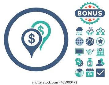 Bank Places icon with bonus elements. Vector illustration style is flat iconic bicolor symbols, cobalt and cyan colors, white background.