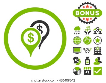 Bank Places icon with bonus elements. Vector illustration style is flat iconic bicolor symbols, eco green and gray colors, white background.