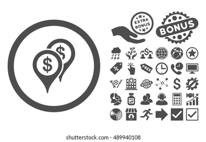 Bank Places icon with bonus elements. Vector illustration style is flat iconic symbols, gray color, white background.