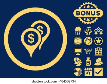 Bank Places icon with bonus pictogram. Vector illustration style is flat iconic symbols, yellow color, blue background.