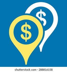 Bank places icon from Business Bicolor Set. This flat vector symbol uses yellow and white colors, rounded angles, and isolated on a blue background.