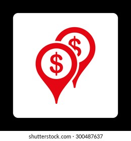 Bank places icon. This flat rounded square button uses red and white colors and isolated on a black background.